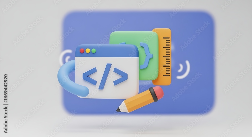 3d rendering of coding elements including a browser window, brackets ...