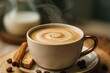 © willem - Steaming Cappuccino in White Cup with Cinnamon Stick and Biscotti, Coffee Beans