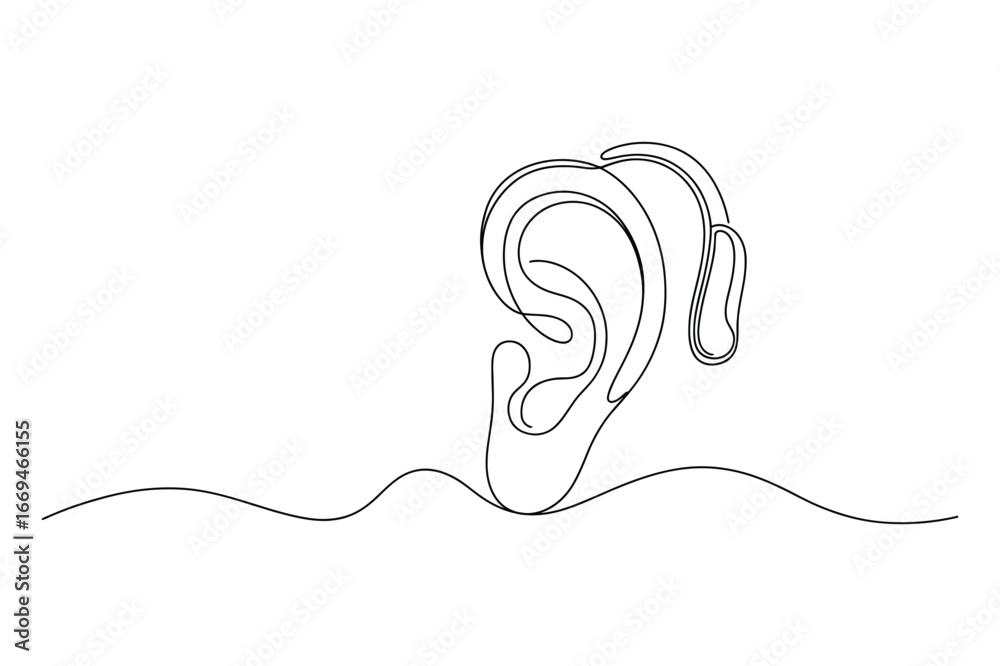 Minimalist continuous line drawing of a human ear with a hearing aid ...