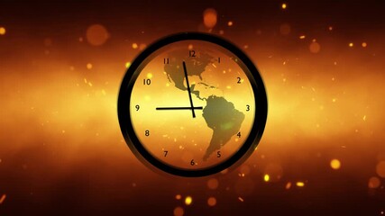 Wall Mural - rounded analog time clock with world map on artistic fire flames loop motion with sparks background.