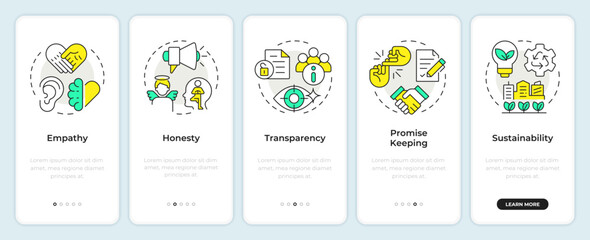 Wall Mural - corporate social responsibility pillars onboarding mobile app screen. walkthrough 5 steps editable g