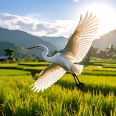 white bird soaring rice terraces sunrise