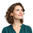 © Phanupong - Woman with brown wavy hair and blue eyes smiles looking upwards isolated on transparent background. PNG die-cut for advertising