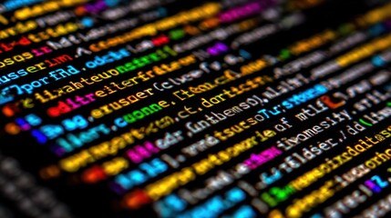 Colorful code close-up, abstract, with blurred depth of field, showcasing complex scripts