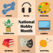 © Iuliana - National hobby month card with different activities Music sport gaming painting theatre