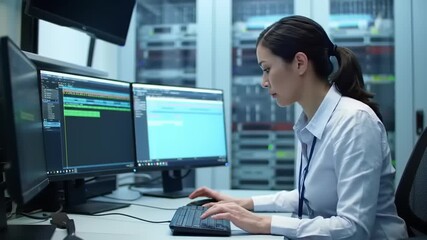 Woman coding in server room.