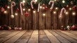 © ProPhotos - A warm, festive wooden backdrop with hanging decorations, candy canes, and Christmas lights adorning the edges, leaving a large empty space in the center for holiday-related advertising content.