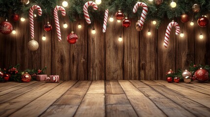 a warm, festive wooden backdrop with hanging decorations, candy canes, and christmas lights adorning