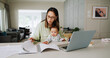 © peopleimages.com - Laptop, remote work and mom with baby in home for online article, research and copywriting. Family, multitasking and mother with child on computer for freelance career, editing project and planning