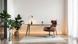 © Tahir - A modern home office setup with brown leather chair desk and plants in a minimalist style room decor