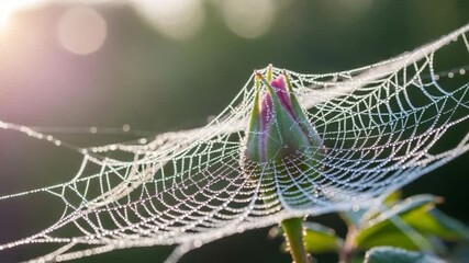 Dew-Kissed Spiderweb Enveloping a Bud in Sunlight.