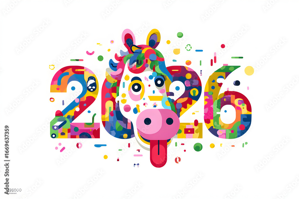 2026年の干支デザイン。カラフルでポップな馬のイラスト年賀状 の