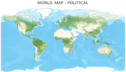 A detailed, political world map displays continents, countries, and bodies of water, highlighting various landmasses and geographical features.