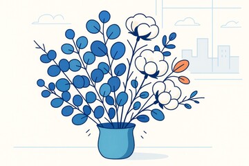 Wall Mural - Blue and white floral bouquet in vase with cotton flowers and round leaves on light background, abstract indoor urban concept illustration. Ai generative