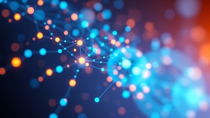 Abstract network of glowing nodes and connections in blue and orange floating in space.