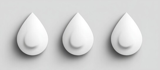 Three white teardrop icons with raised spheres, casting shadows on a gray background. Minimalist