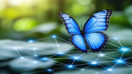 Blue butterfly resting on a network connecting nodes with green foliage backdrop nature and