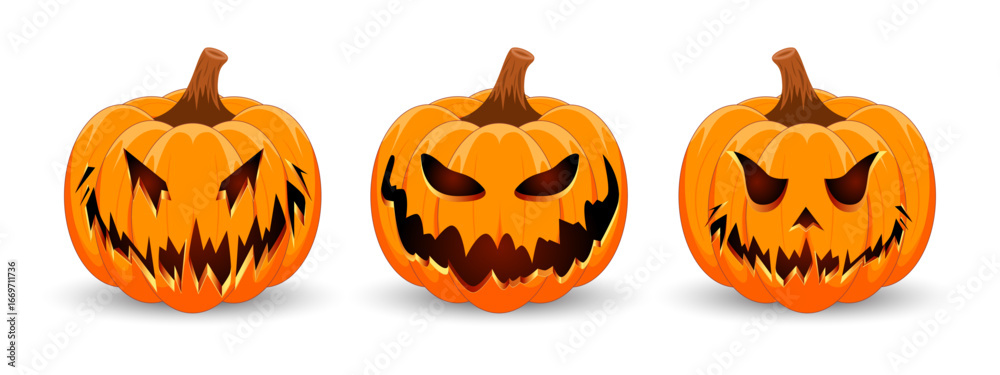 Set carved Halloween pumpkins with different scary faces isolated on ...