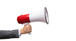 © Boris - Professional adult hand holding vibrant red and white megaphone against transparent studio background, conveying clear and impactful communication concept.