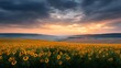 © Macrology - A cinematic wide-angle shot of a field of sunflowers glowing under dramatic sunset colors