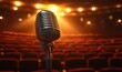 © Karan - Single microphone on a stand, highlighted by a spotlight against a blurred auditorium background, symbolizing the anticipation of a live performance or speech, Generative AI