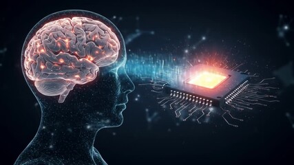 Human head outline with visible brain connected to a glowing computer chip illustration art