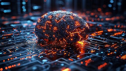 AI Neural Network Concept - Brain Circuit Board Fusion with Glowing Orange Blue Lines