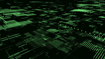 Vector digital database cyberspace. Decoding algorithms hacked software. Cyber security with moving green articles. Big data visualization.