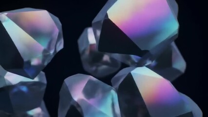 Dynamic 3D geometric shapes floating with iridescent light reflections against dark background