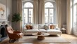 © Maryna - Modern Parisian apartment living room features white sectional sofa, plush throw pillows, round wooden coffee table. Comfortable leather armchair sits near fireplace. Large windows with cream
