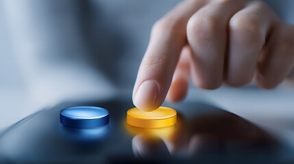 Close-up of realistic hand tapping one of two brightly colored buttons on smartphone screen, sharp focus with blurred background and modern flat design