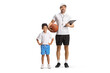 © Ljupco Smokovski - Full length portrait of a kid in blue shorts and white t-shirt posing with a basketball coach