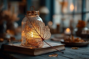 Wall Mural - Autumn Serenity: Cozy Candlelight and Fall Leaves for Warm Home Decor Ideas