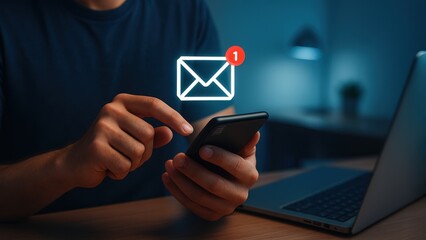 Man sit at desk focused on smartphone with floating envelope icon new message alert in modern workspace, concept of email analytics and marketing automation