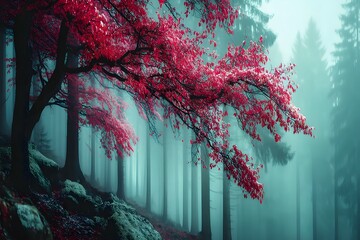 Wall Mural - Mystical Red Maple in Foggy Forest Landscape for Nature Art Prints and Posters