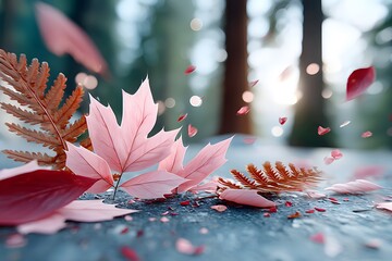 Wall Mural - Autumn Leaves and Ferns Falling in Forest Background for Seasonal Design