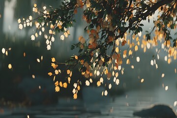 Wall Mural - Serene Autumn Leaves Falling by a Tranquil River at Dusk