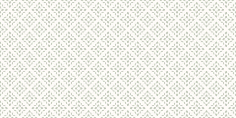 Subtle vector seamless pattern with ethnic motif. Modern geometric floral folk ornament. Simple abstract green and white background texture with grid, flower silhouettes. Repeated vintage geo design