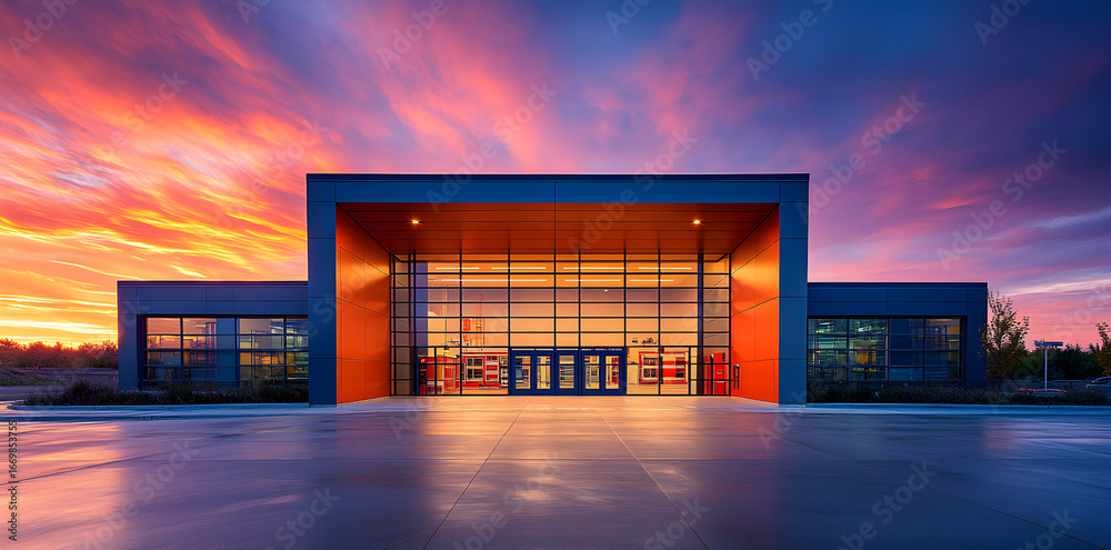 Modern urban fire department building exterior, featuring large garage ...