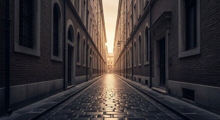  A sunlit alleyway between aged brick buildings, showcasing a tranquil and historic urban setting.