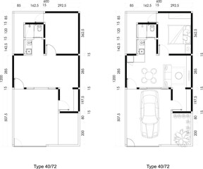 Naklejka na meble Two Architectural Small Floor Plans of Blank and Furniture Layout  a House with Garden and Carport. 11