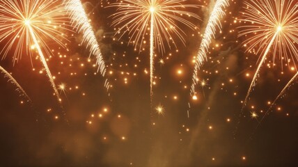Golden fireworks exploding in the night sky, a festive display of light and color for a celebration, with sparks and bokeh effects