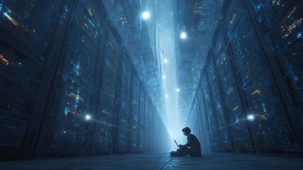 Silhouetted figure works on a laptop in a vast, futuristic server room environment