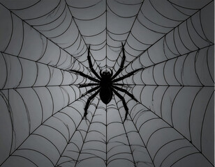 A black spider on a web against a dark background. A spooky and creepy symbol for Halloween and horror. An abstract pattern of an insect trap.	 Generative AI