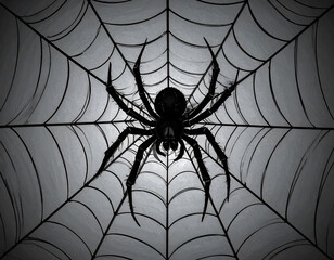 A black spider on a web against a dark background. A spooky and creepy symbol for Halloween and horror. An abstract pattern of an insect trap.	 Generative AI