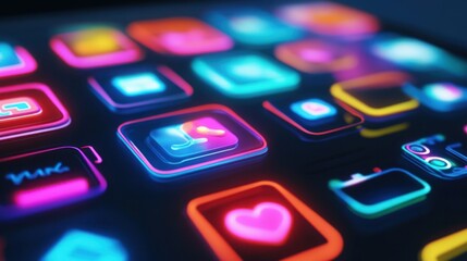 Vibrant neon-lit smartphone app icons glow brightly on a dark screen.