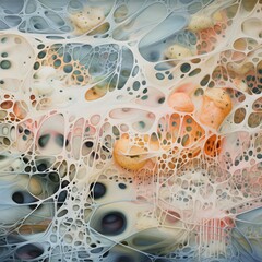 Abstract surreal artwork with blue bubble-like cellular textures, symbolizing biology, imagination, creativity and surrealism, a decorative experimental reinterpretation of micro and macro natural det