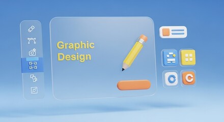 Graphic design tools and icons on a blue background