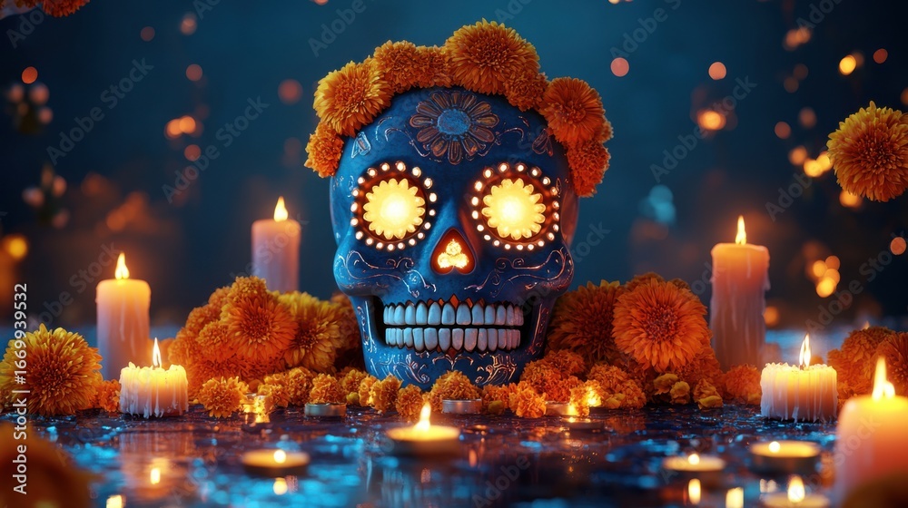 Photo Stock Día de los Muertos celebration with marigolds and sugar ...