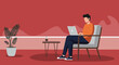 © Vector Solution - Man working remotely on a laptop in a relaxed modern setting, ideal for concepts of freelance work, online learning, and digital lifestyle.